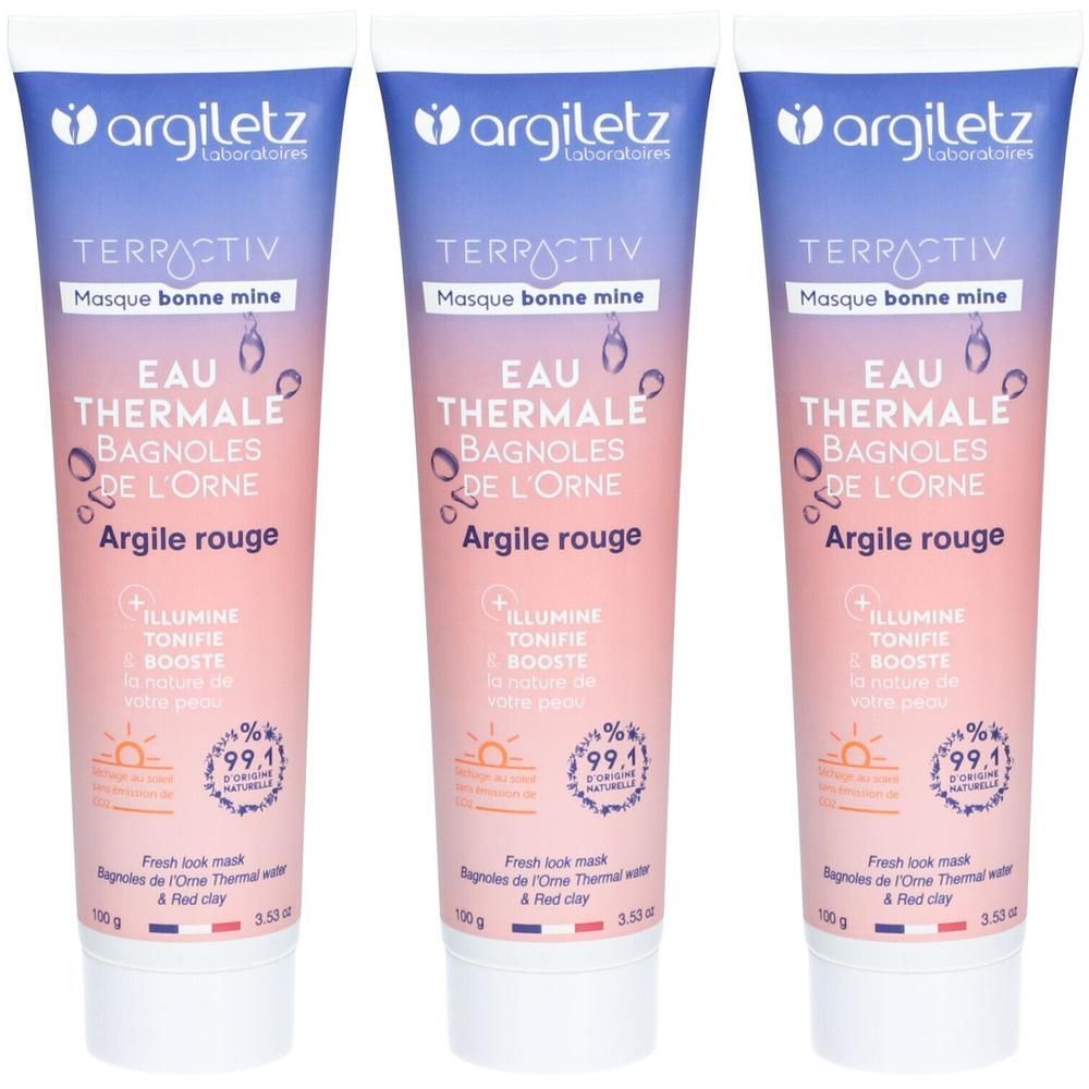 Trois tubes de crème avec dégradé rose et blanc. Marque "argiletz" et "TERRACTIV". Texte: "Masque bonne mine", "Eau Thermale", "Argile rouge".
