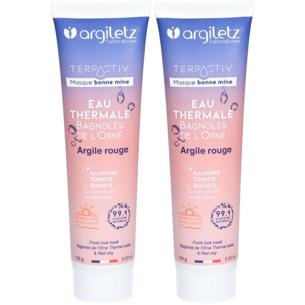 Deux tubes bleus et roses. Inscription: Argiletz, TERRACTIV, Masque bonne mine, Eau Thermale, Argile rouge. Contient 99,1% d'ingrédients naturels.