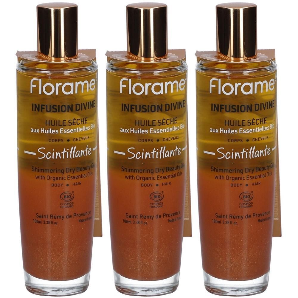 Trois flacons avec bouchons dorés. Inscription: Florame, Infusion Divine, Huile Seche, Scintillante. Certification bio.
