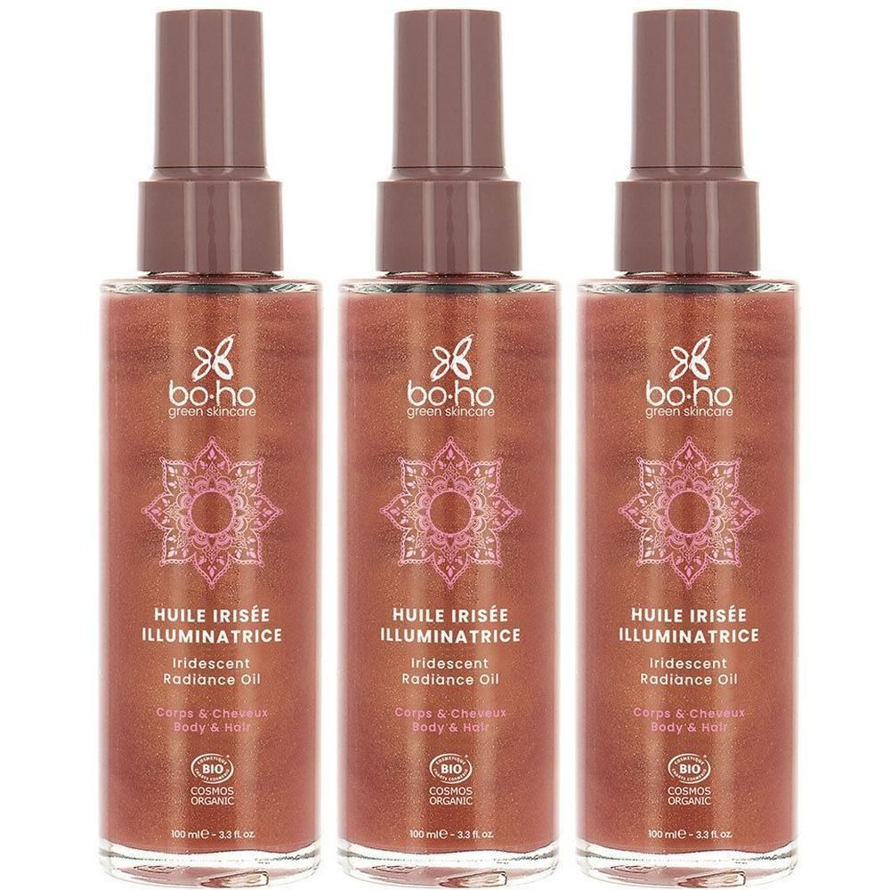 Trois flacons pulvérisateurs. Inscription: BOHO GREEN HLE CORP IRISE. Huile irisée. BIO COSMOS ORGANIC.