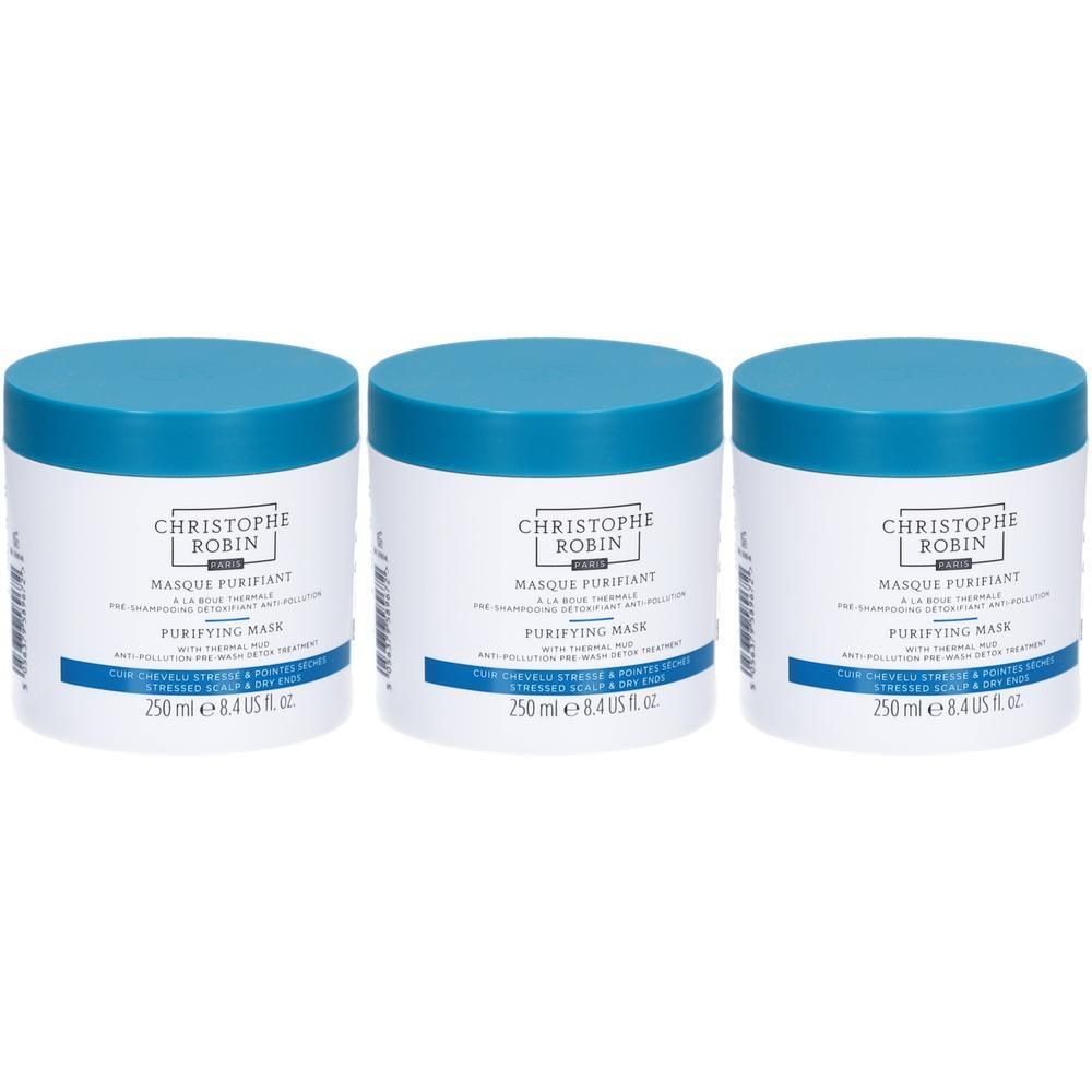 Trois pots blancs avec couvercles bleus. Inscription: MASQUE PURIFIANT, PURIFYING MASK. Contenance: 250 ml.