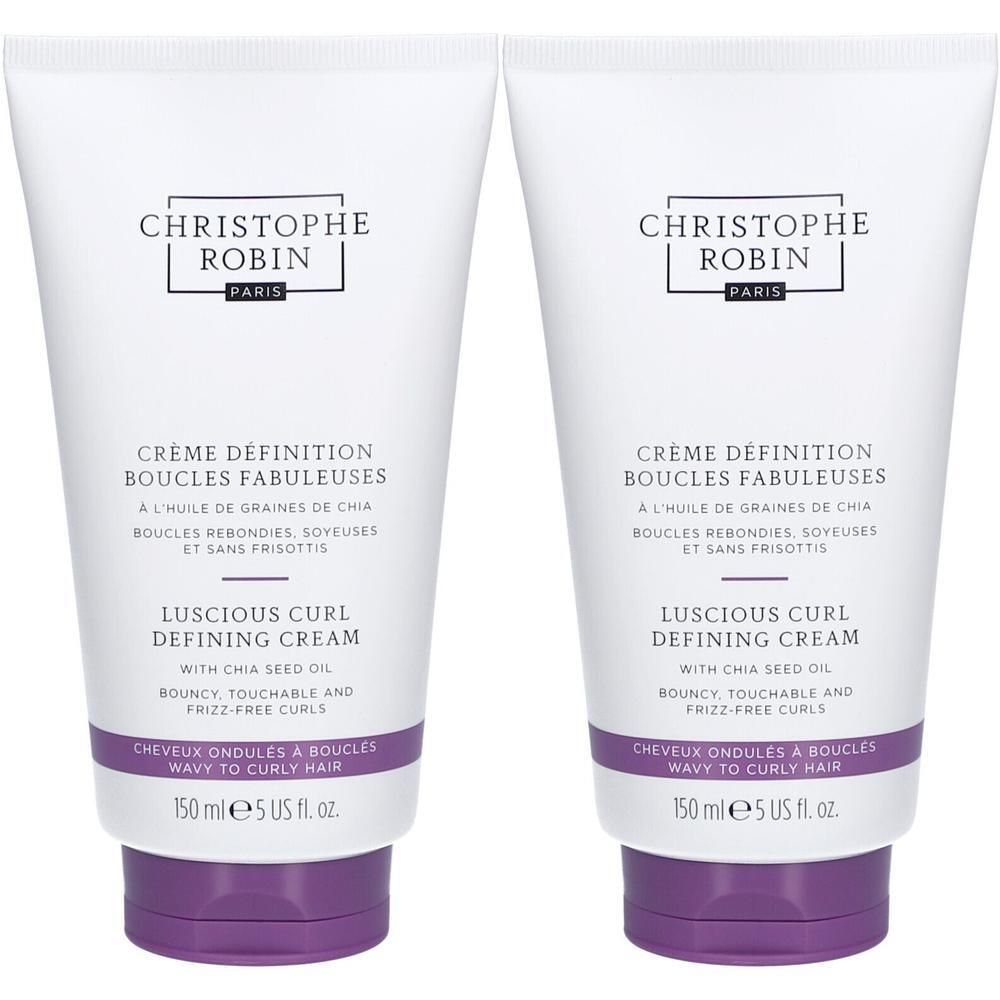 Deux tubes de crème. Inscription: CHRISTOPHE ROBIN PARIS, Crème Définition Boucles Fabuleuses, Luscious Curl Defining Cream. Bouchon violet.