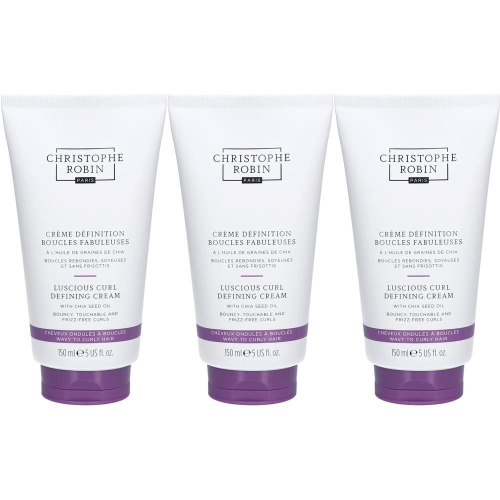 Trois tubes de crème blancs avec bouchons violets. Texte: CHRISTOPHE ROBIN, CREME DEFINITION BOUCLES FABULEUSES, LUSCIOUS CURL DEFINING CREAM.