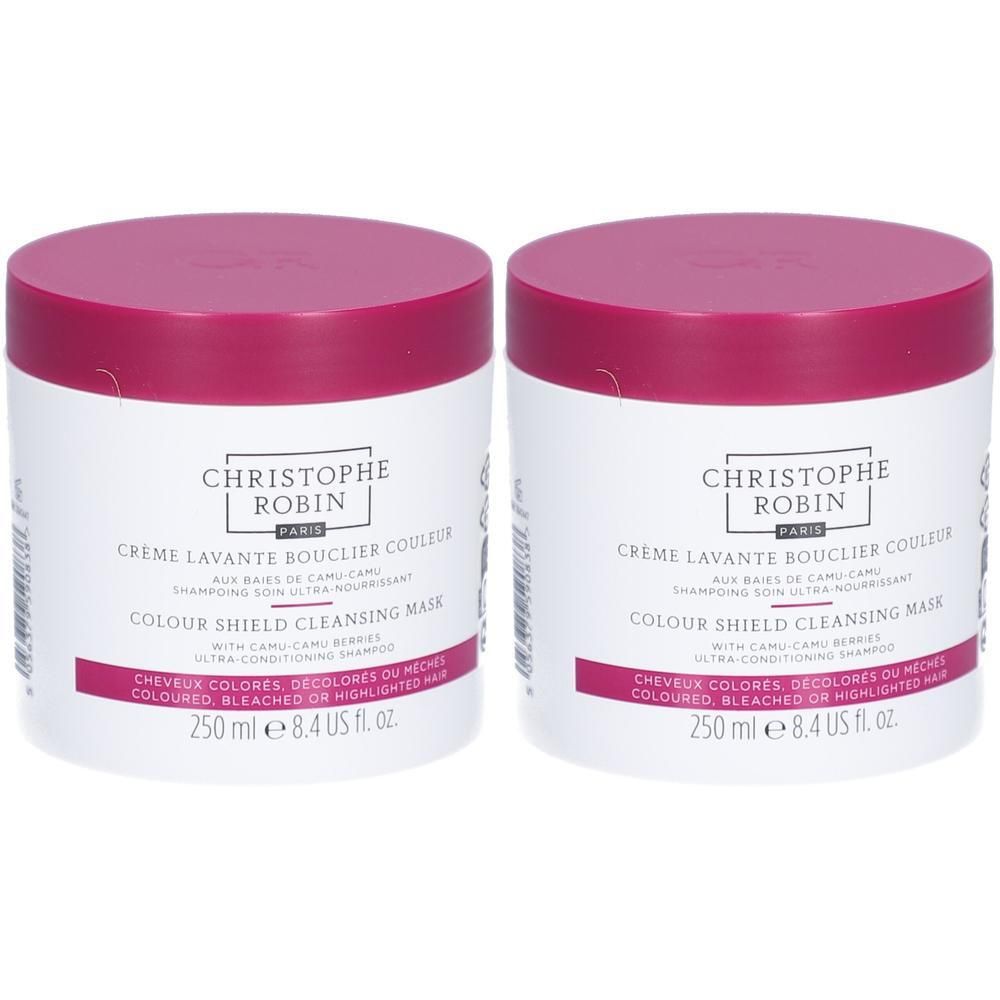 Deux pots ronds avec couvercles roses. Inscription : CHRISTOPHE ROBIN, Crème Lavante Bouclier Couleur, Colour Shield Cleansing Mask.