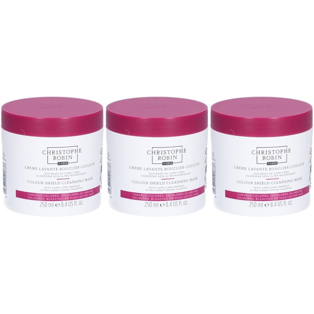 Trois pots blancs avec couvercles roses. Inscription: CHRISTOPHE ROBIN, Crème Lavante Bouclier Couleur, Colour Shield Cleansing Mask.