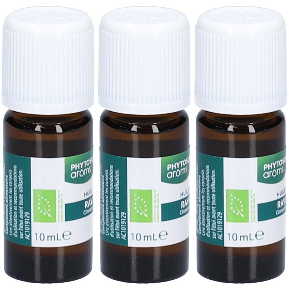 Trois flacons en verre brun avec bouchons blancs. Étiquettes avec texte et logo. Inscription: PHYTOS arôms, 10 ml.