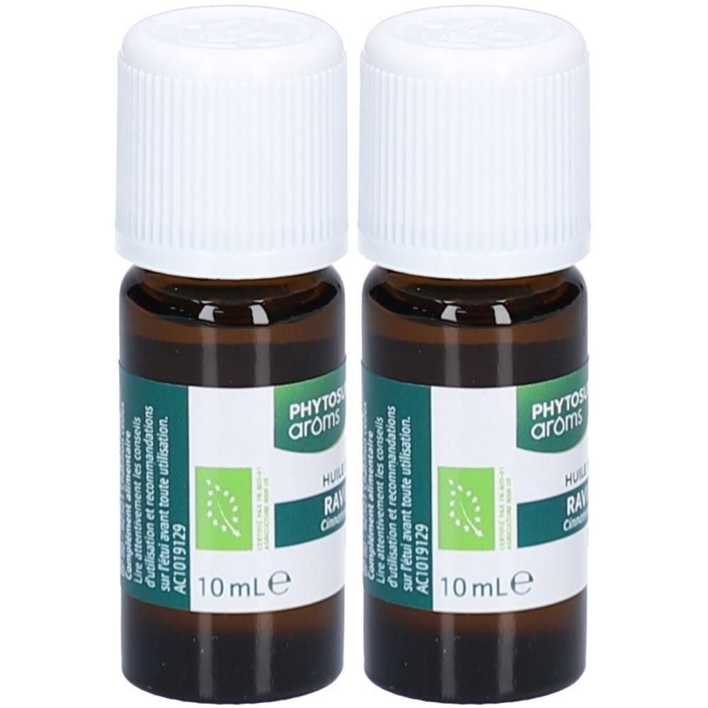Deux petites bouteilles en verre brun avec bouchons blancs. Étiquettes : "PHYTOS aroms" et "10 ml".