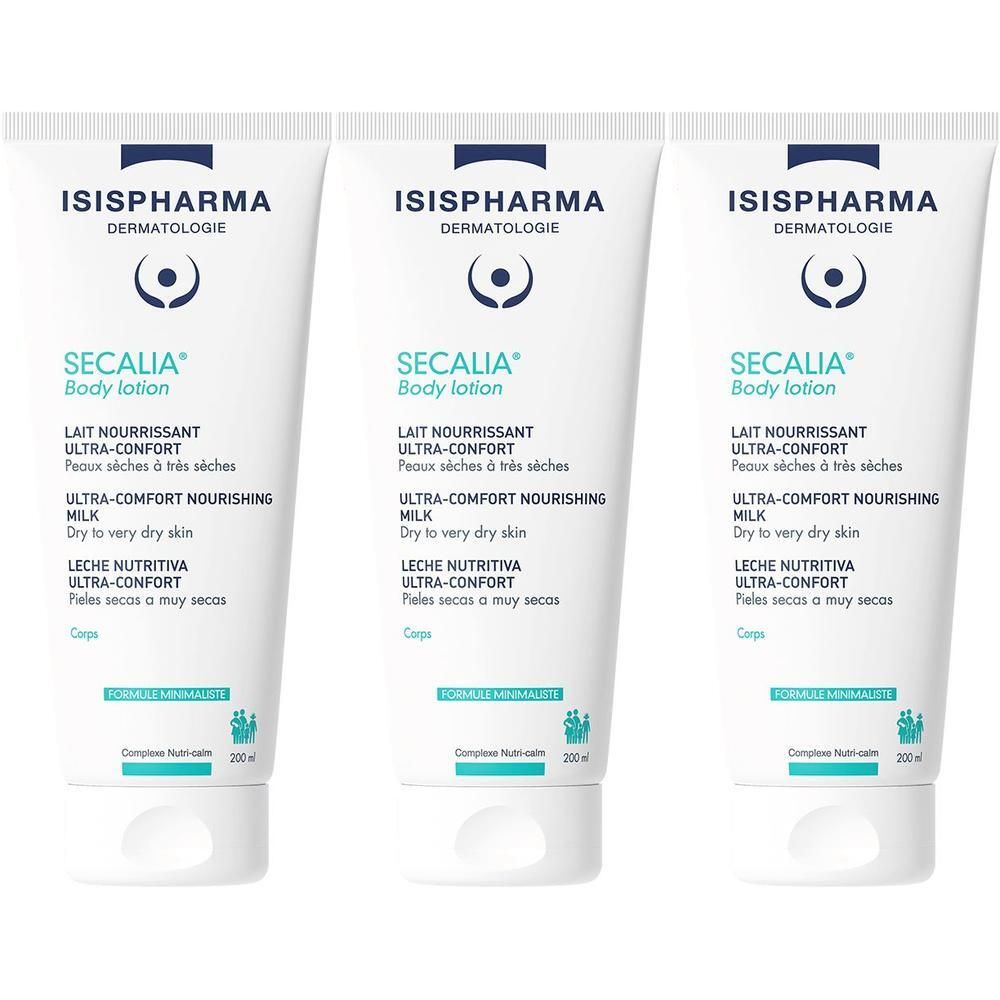 Trois tubes de lotion pour le corps. Blancs, texte bleu et noir. Inscription: SECALIA, Body lotion, Lait Nourrissant Ultra-Confort.