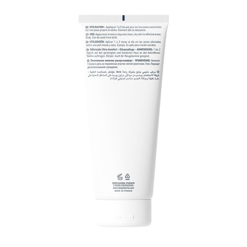 Tube blanc avec texte bleu et noir. Inscription: SECALIA, Body lotion. Dos avec instructions en plusieurs langues.