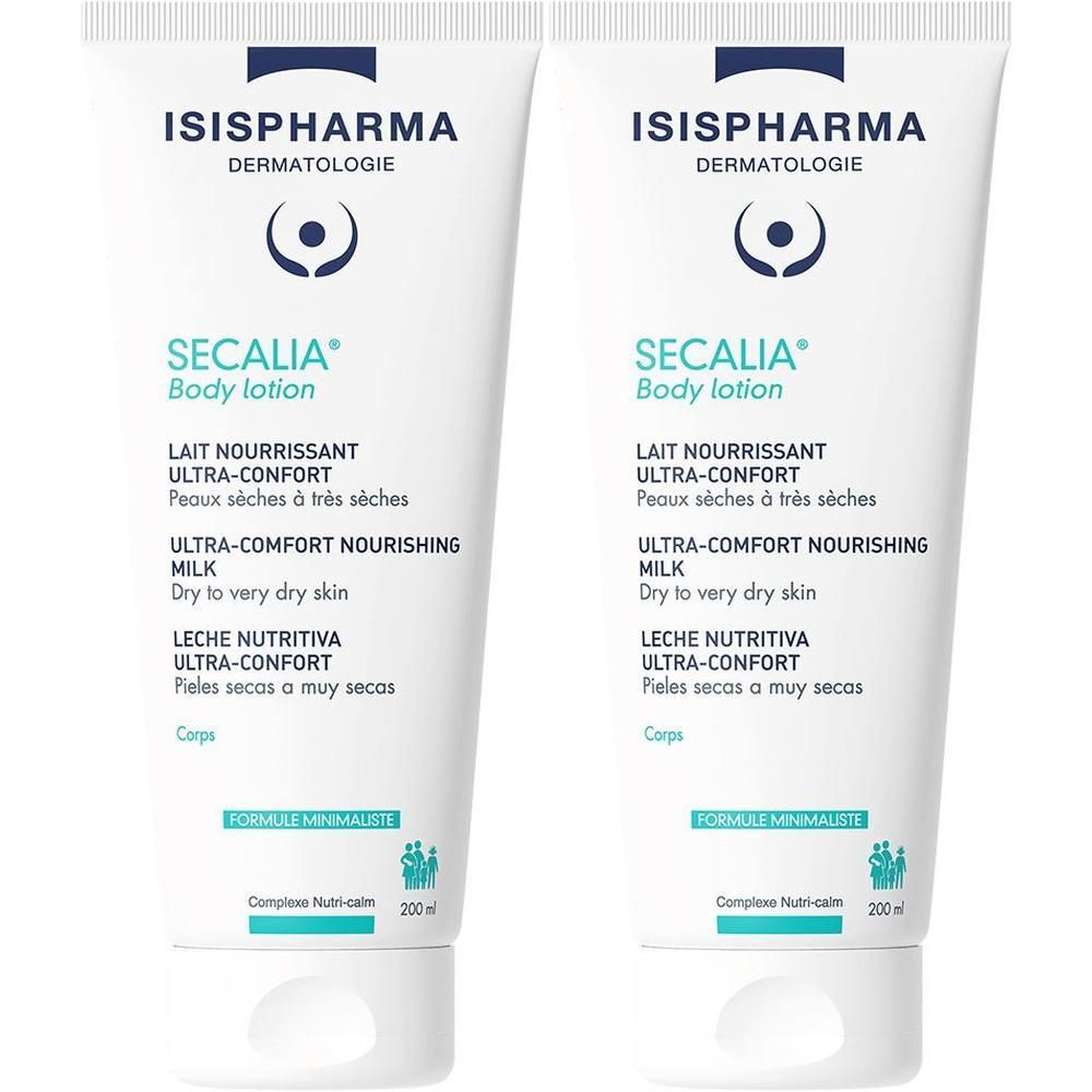 Deux tubes de SECALIA Body lotion. Tubes blancs avec texte bleu. Contient: ISIPHARMA, SECALIA, Lait Nourrissant, Ultra-Confort.