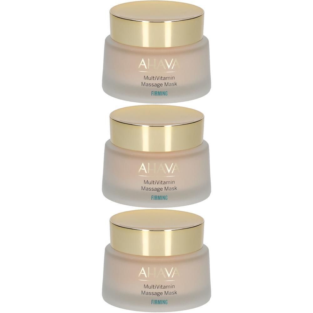 Trois pots avec couvercles dorés.  "AHAVA Multi/Vitamin Massage Mask" est écrit sur les pots.