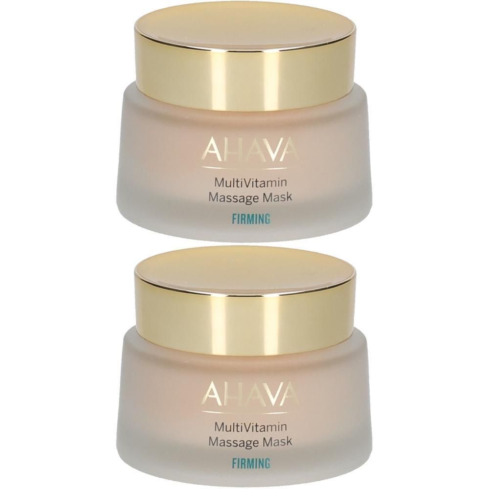 Deux pots de AHAVA MultiVitamin Massage Mask. Récipients en verre avec couvercles dorés. Inscription: FIRMING.