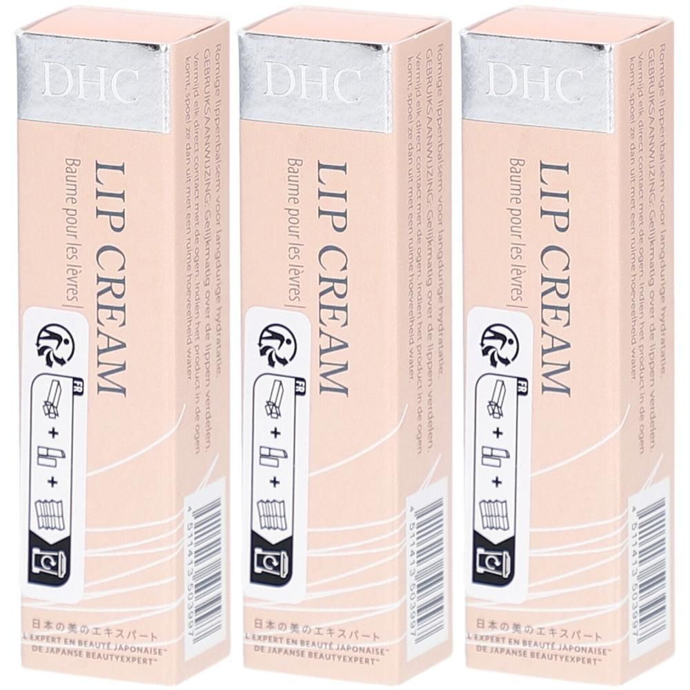 Trois boîtes rectangulaires. Inscription: DHC LIP CREAM Baume pour les lèvres. Texte japonais et pictogrammes.