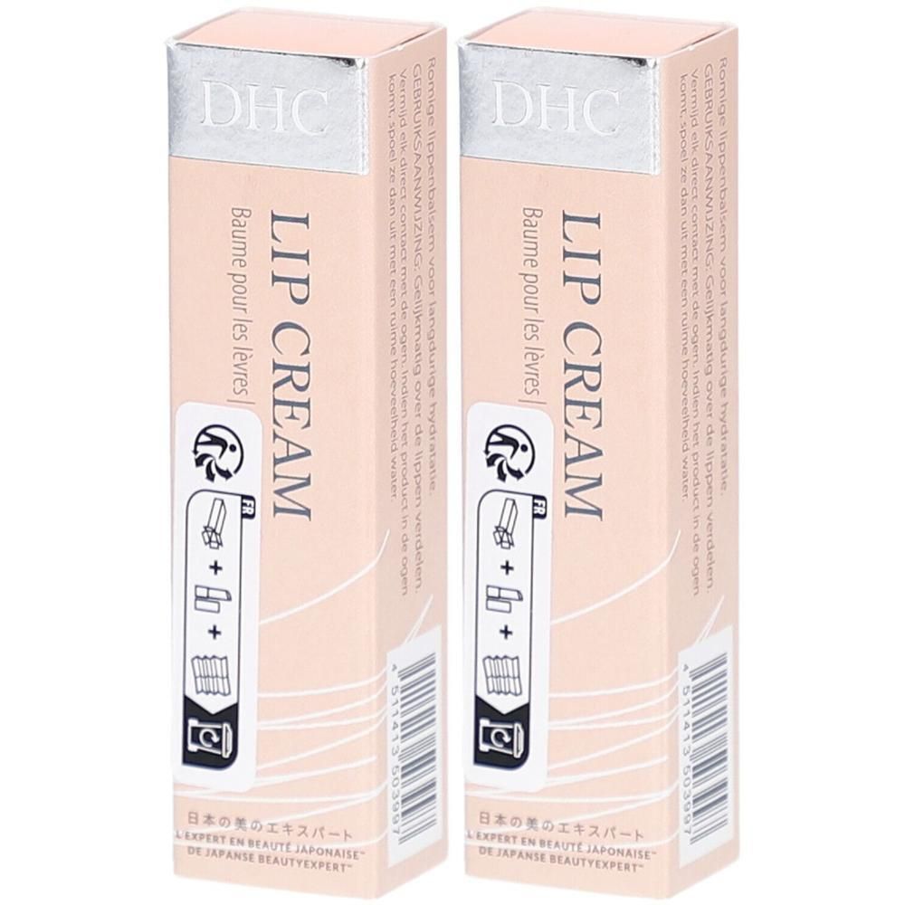 Deux boîtes rectangulaires. Inscription: DHC LIP CREAM, Baume pour les lèvres. Avec illustrations et texte japonais.
