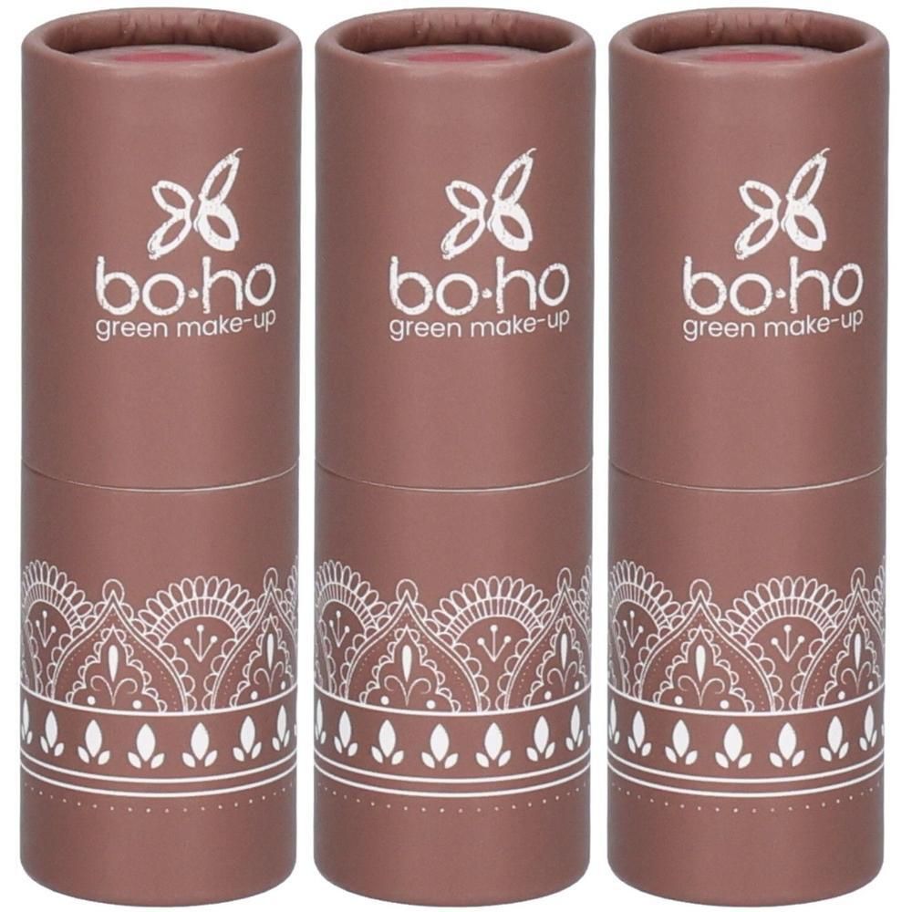 Trois contenants cylindriques. Inscription : marque « bo-ho green make-up ». Motif blanc en bas. Couleur rose-brun.