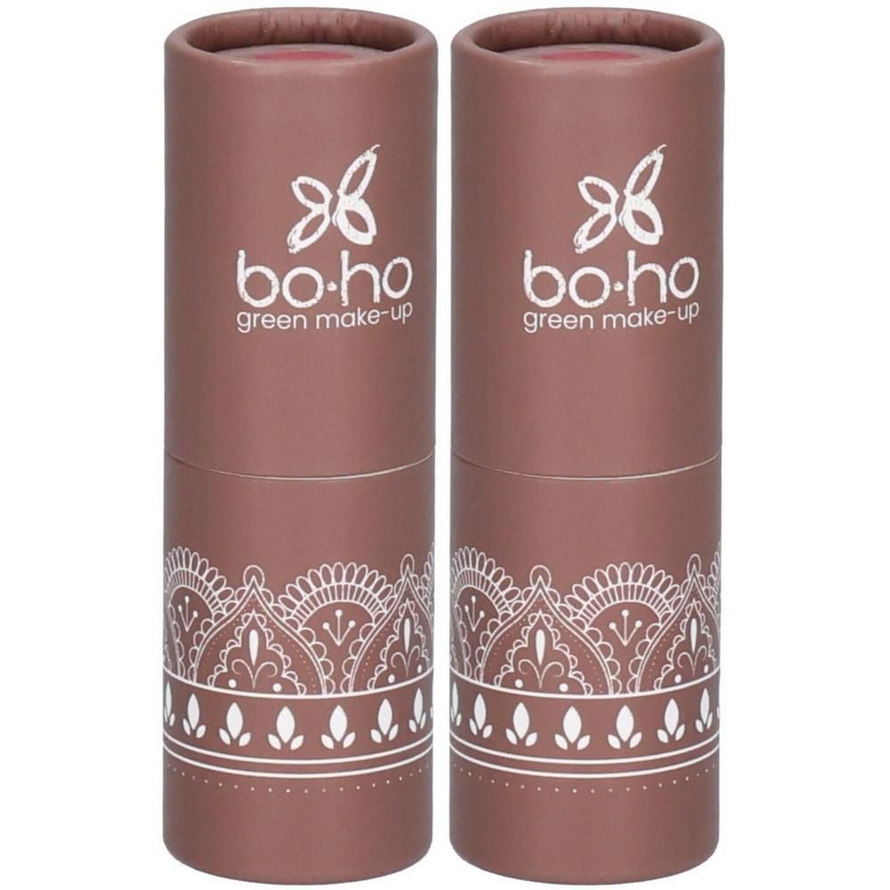 Deux contenants cylindriques. Inscription : bo-ho green make-up. Motif blanc en bas. Couleur rose-brun.