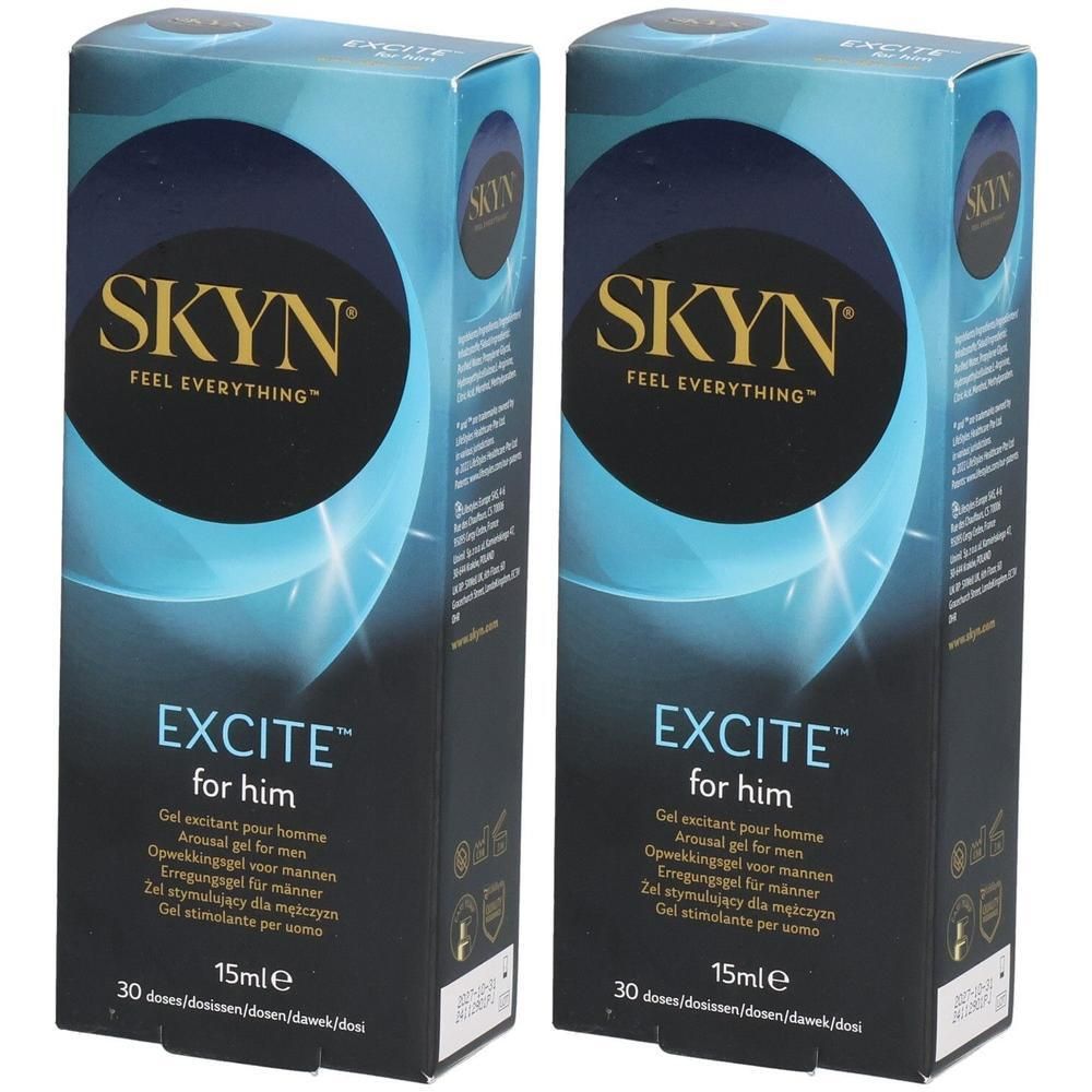 Deux boîtes de gel SKYN EXCITE pour homme. Emballage bleu avec nom et logo du produit. Contient 15 ml.