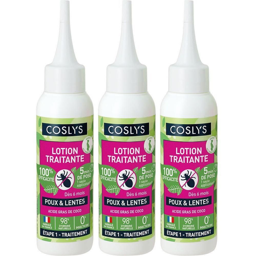Trois flacons blancs avec applicateur. Étiquette verte et rose avec texte. Inscription: COSLYS LOTION TRAITANTE. Contre les poux et lentes.