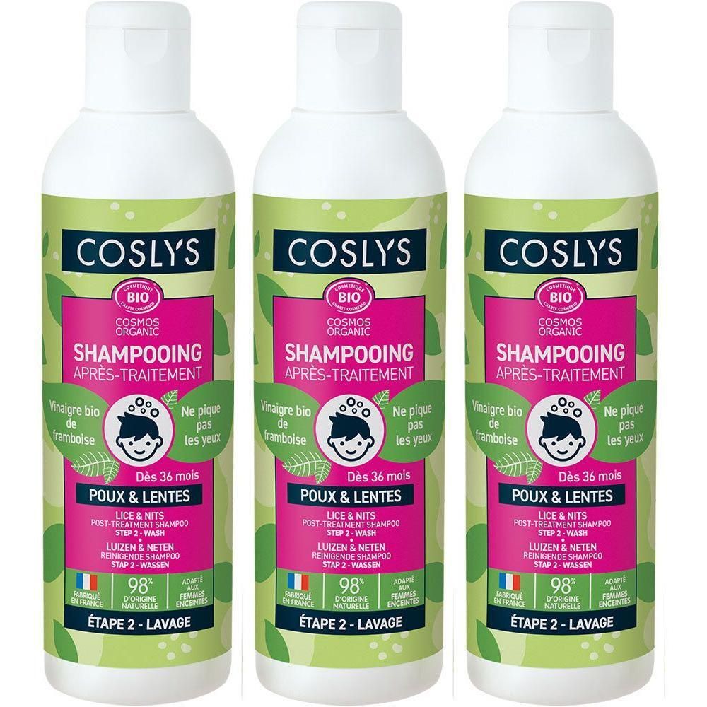 Trois flacons de shampooing COSLYS. Étiquette avec texte. Certification bio. Contre les poux et lentes. Dès 36 mois.