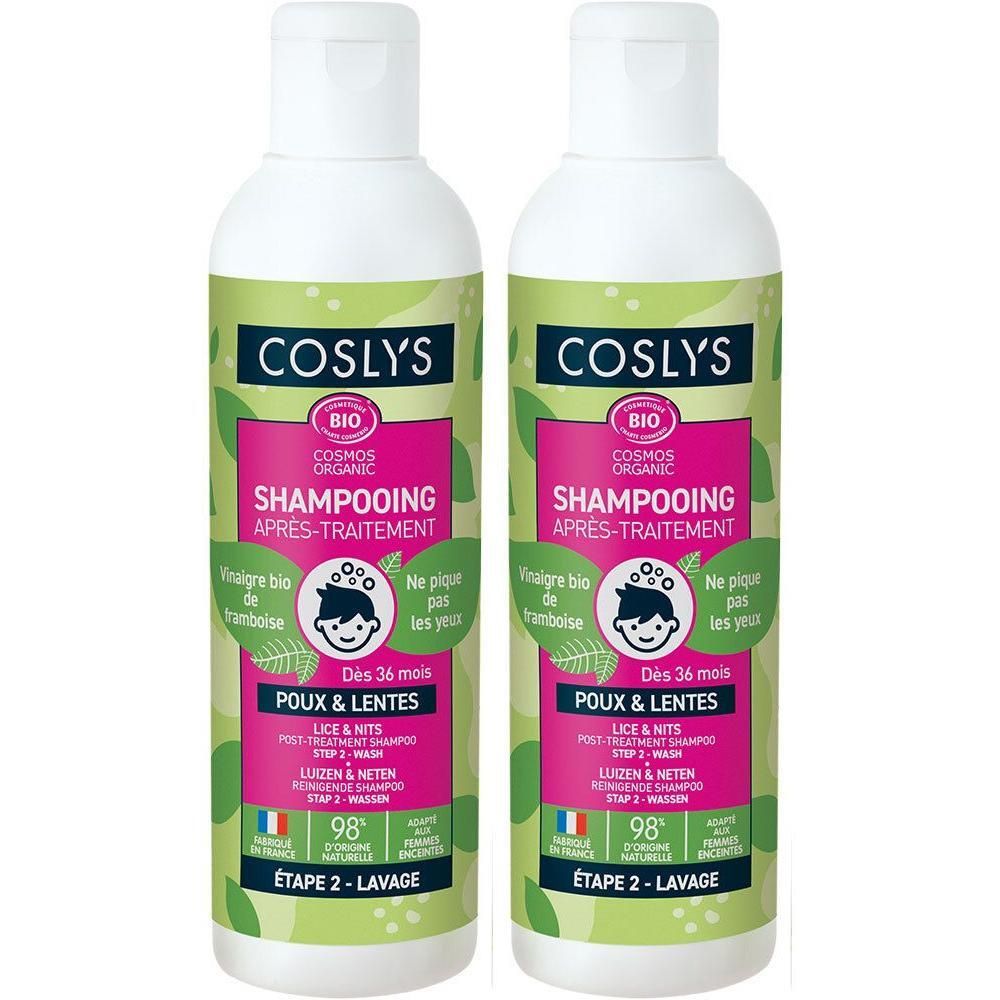 Deux flacons de shampooing, vert et blanc, avec étiquette. Texte: COSLYS, Shampooing Après-Traitement, contre les poux et lentes. Certification bio.