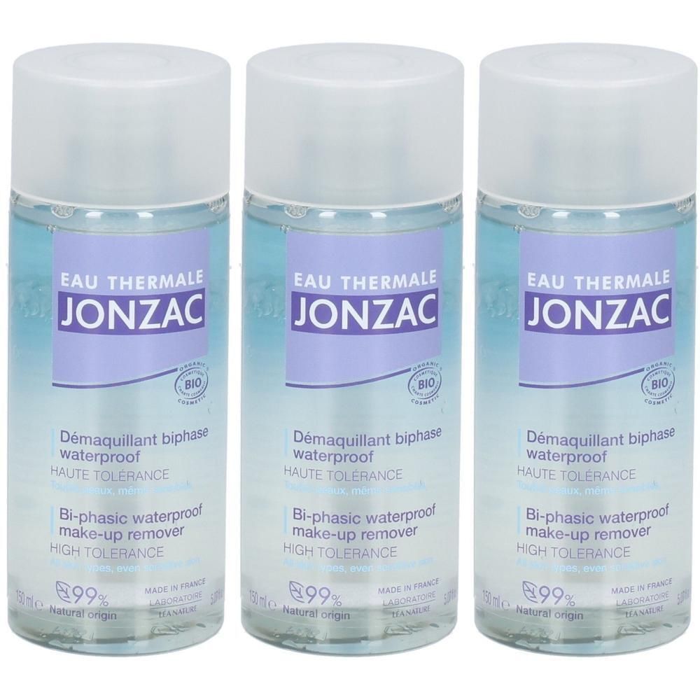 Trois flacons de démaquillant biphasé. Inscription "EAU THERMALE JONZAC", "Démaquillant biphase waterproof" et logo bio.