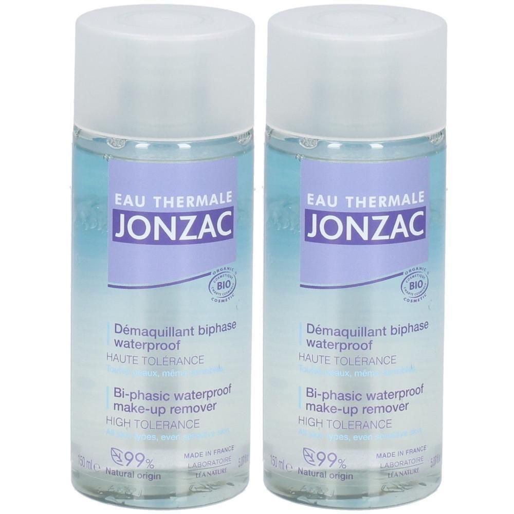 Deux flacons de démaquillant biphasé. Inscription "JONZAC" et "Démaquillant biphase waterproof". Contient un logo BIO.