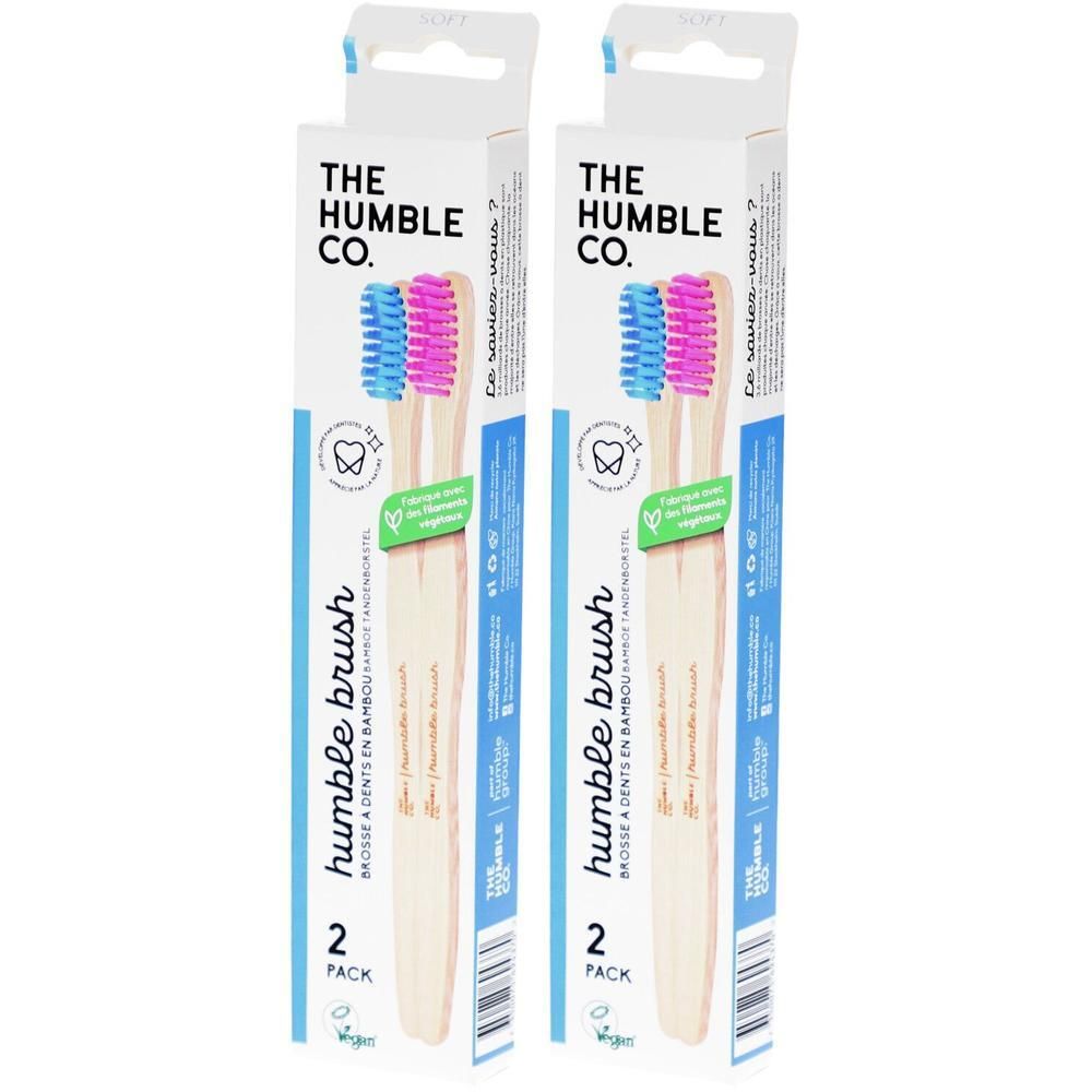 Deux emballages de brosses à dents Humble Brush. Soies bleues et roses. Vegan.