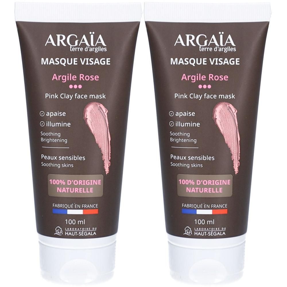 Deux tubes de masque visage. Inscription: ARGAÏA, Argile Rose, Pink Clay face mask. Ingrédients 100% naturels. Fabriqué en France.