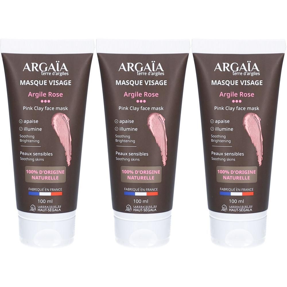 Trois tubes de masque visage. Inscription "ARGAÏA MASQUE VISAGE Argile Rose" sur chaque tube. Texture d'argile rose visible.