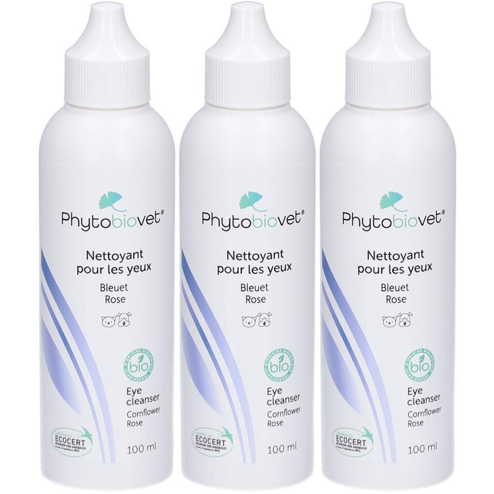 Trois flacons blancs avec étiquettes. Inscription: Phytobiovet, Nettoyant pour les yeux, Bleuet Rose, Eye cleanser, 100 ml. Avec label bio.
