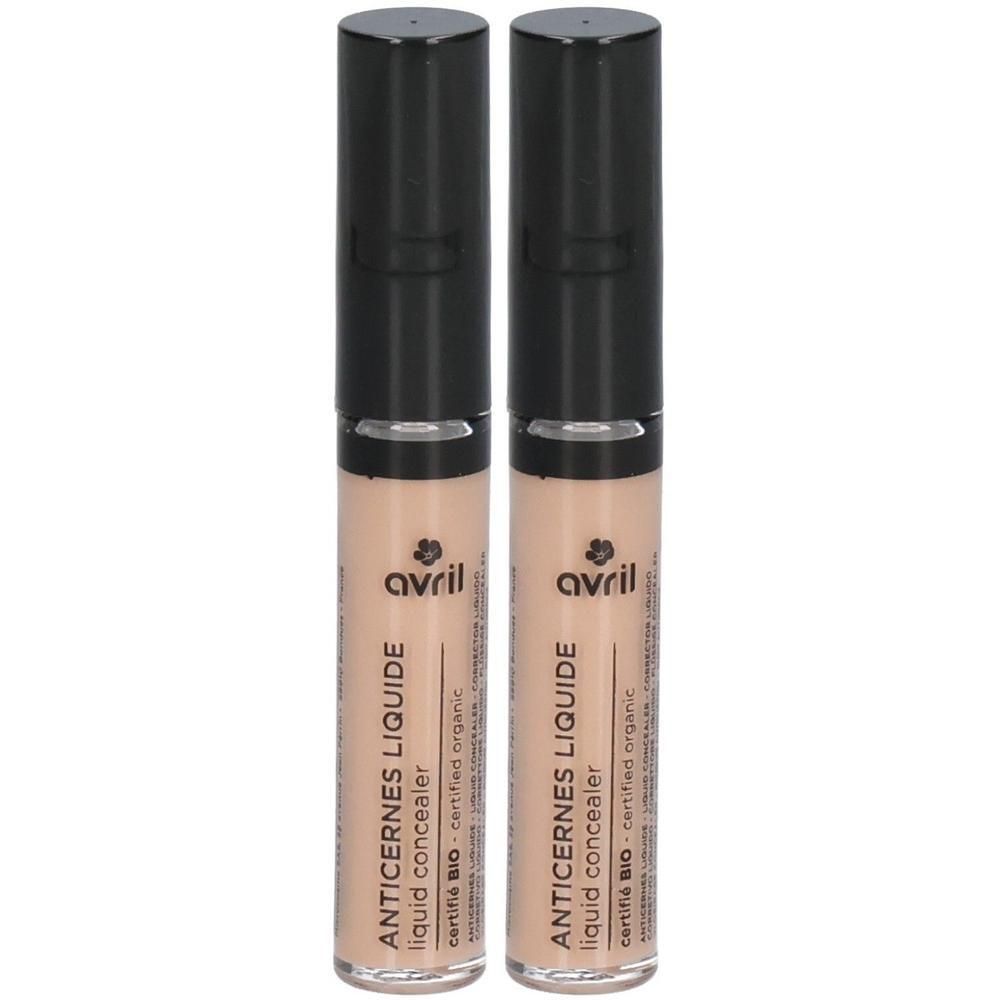 Deux tubes de correcteur liquide. Bouchon noir, contenant beige. Inscription: ANTICERNES LIQUIDE, avril, certifié BIO.