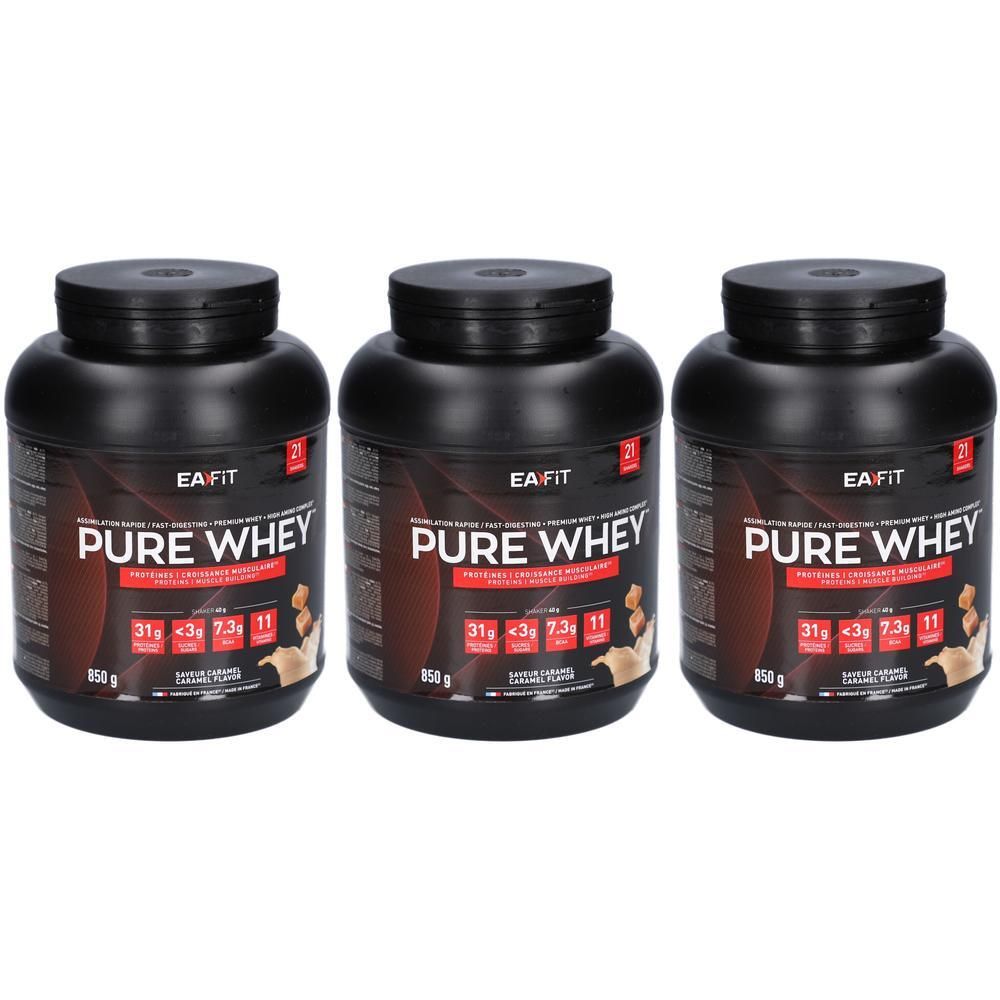 Trois boîtes noires "EA-FIT PURE WHEY". Inscription "850 g".