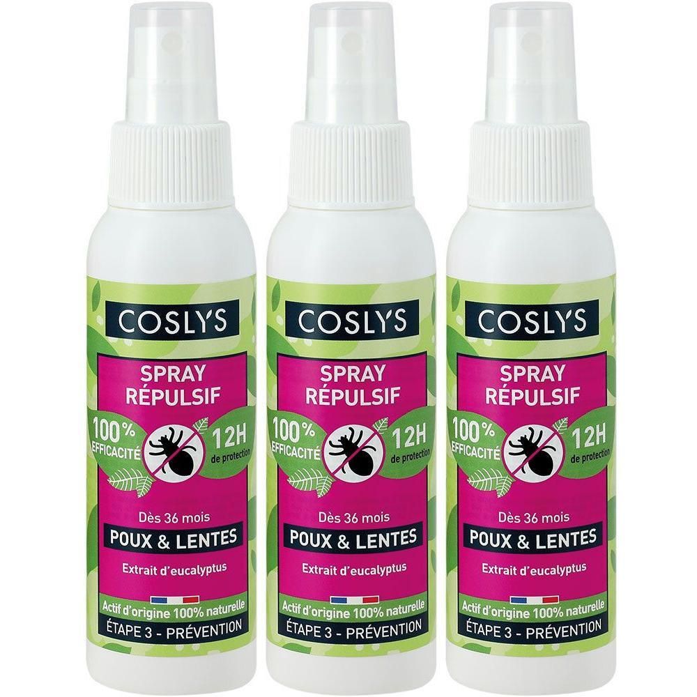 Trois flacons spray blancs avec étiquettes vertes et roses. Texte: COSLYS SPRAY RÉPULSIF POUX & LENTES.