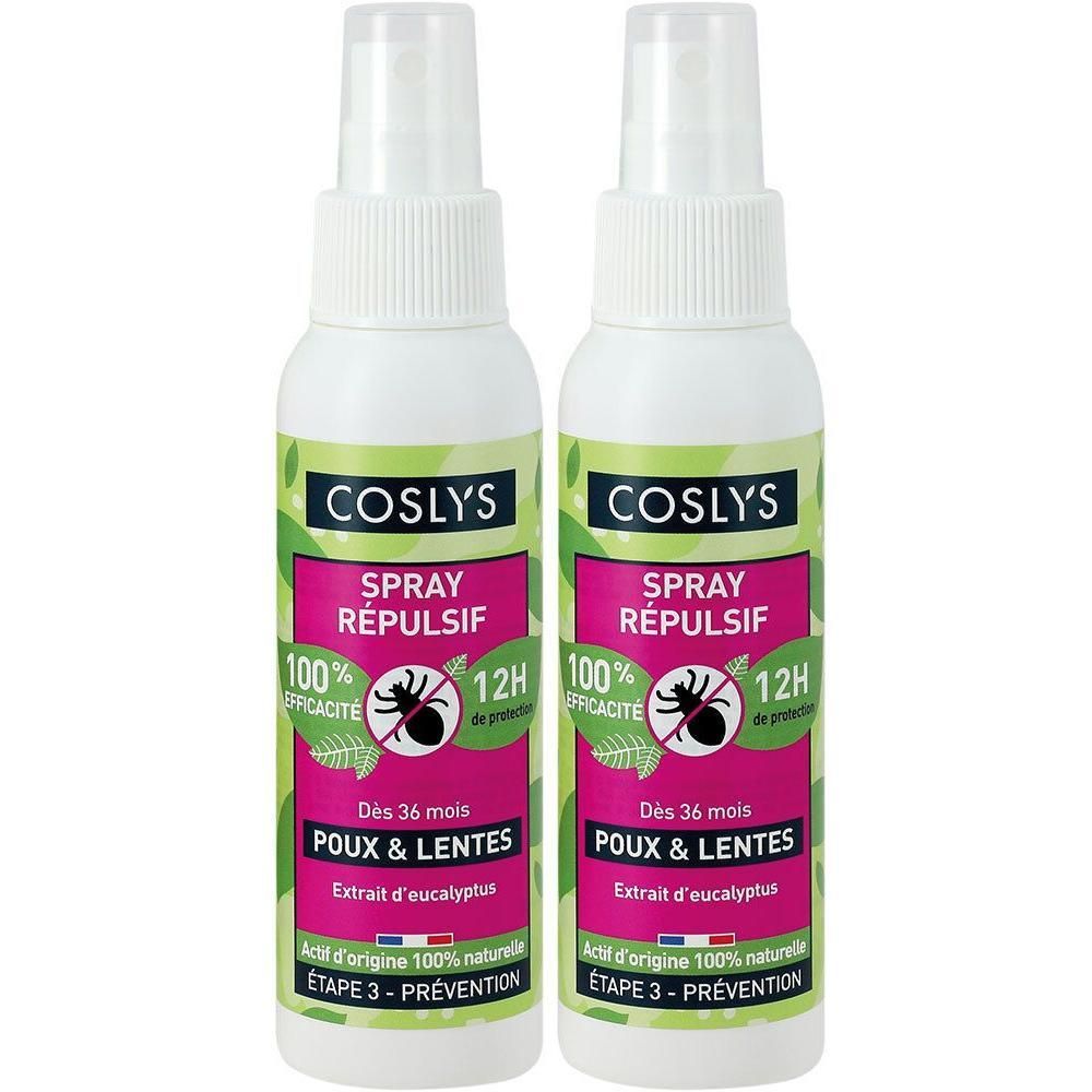 Deux flacons spray blancs avec étiquettes vertes et roses. Texte: COSLYS SPRAY RÉPULSIF, 100% efficacité, 12H de protection.