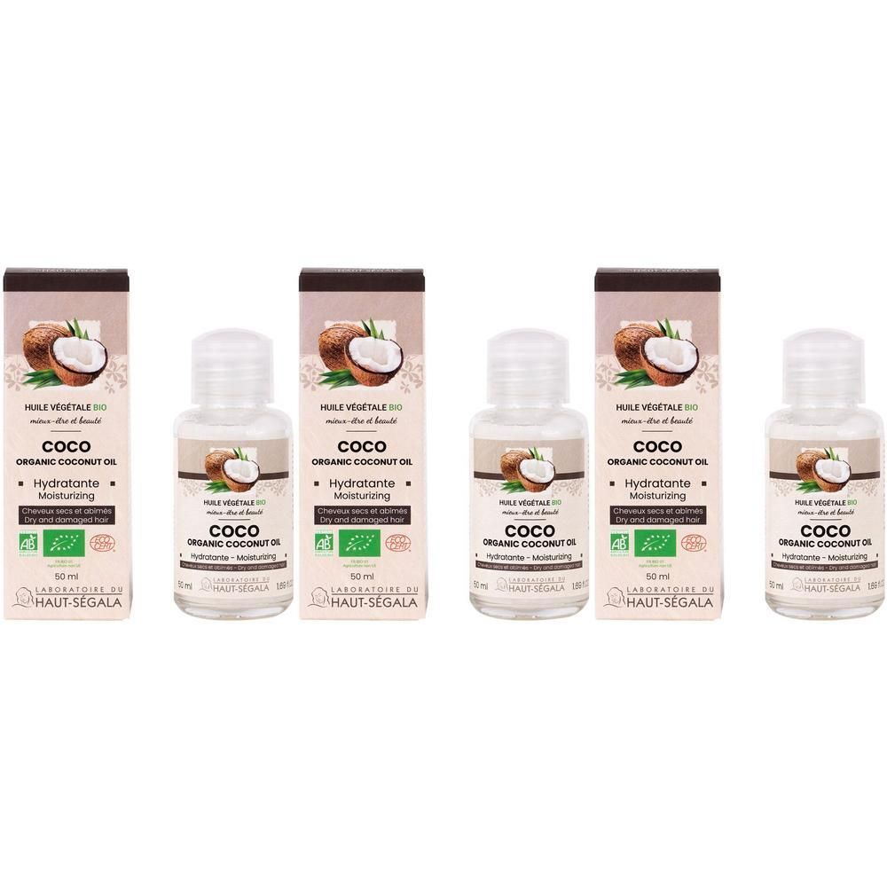 Cinq flacons d'huile de coco avec emballage. Inscription: COCO, Hydratante, HAUT-SEGALA. Certification bio. Une noix de coco est illustrée.