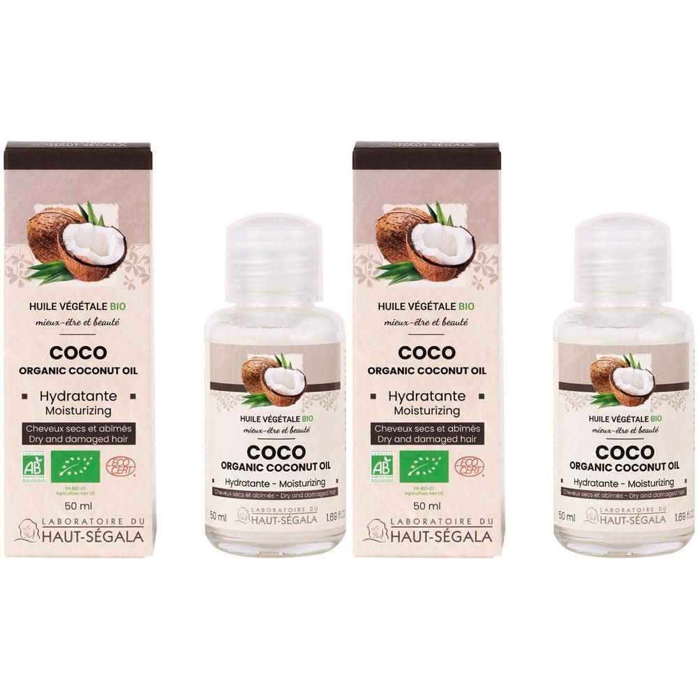 Trois flacons et emballages d'huile de coco. Inscription: COCO ORGANIC COCONUT OIL, Hydratante, 50 ml. Label AB bio.
