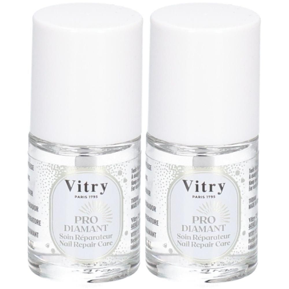Deux flacons avec bouchons blancs. Étiquette avec "Vitry PARIS 1755 PRO DIAMANT Soin Réparateur Nail Repair Care".