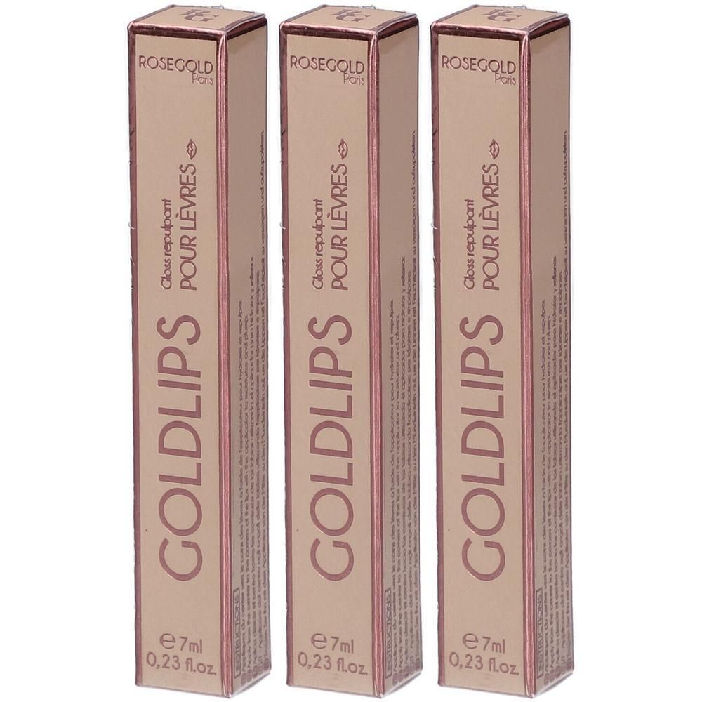 Trois boîtes rectangulaires marron. Inscription: GOLDLIPS, ROSEGOLD, POUR LEVRES. Volume: 7ml/0,23 fl.oz.