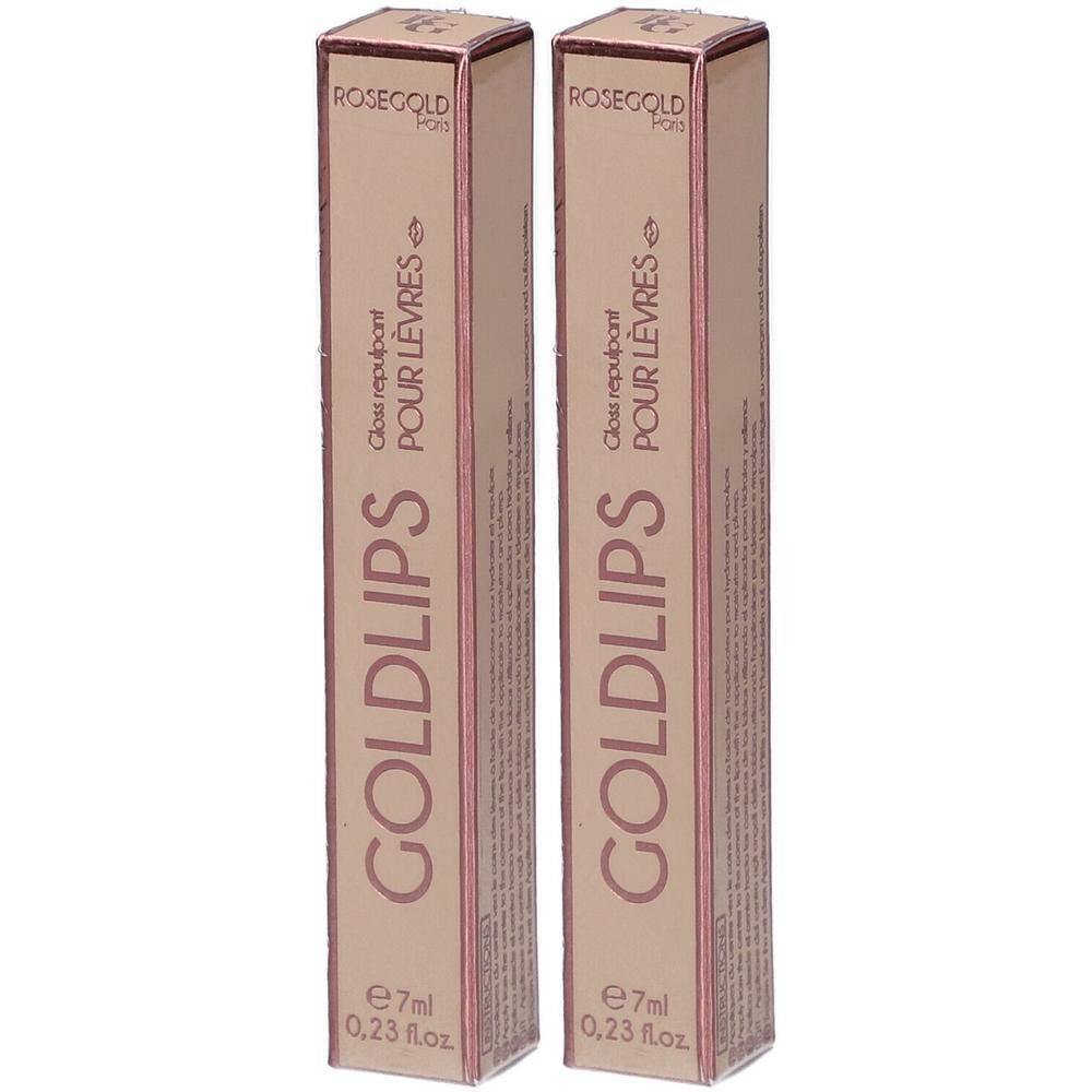 Deux boîtes rectangulaires rosées. Inscriptions: GOLDLIPS, ROSEGOLD, POUR LÈVRES, e7ml. Texture: Gloss repulpant.