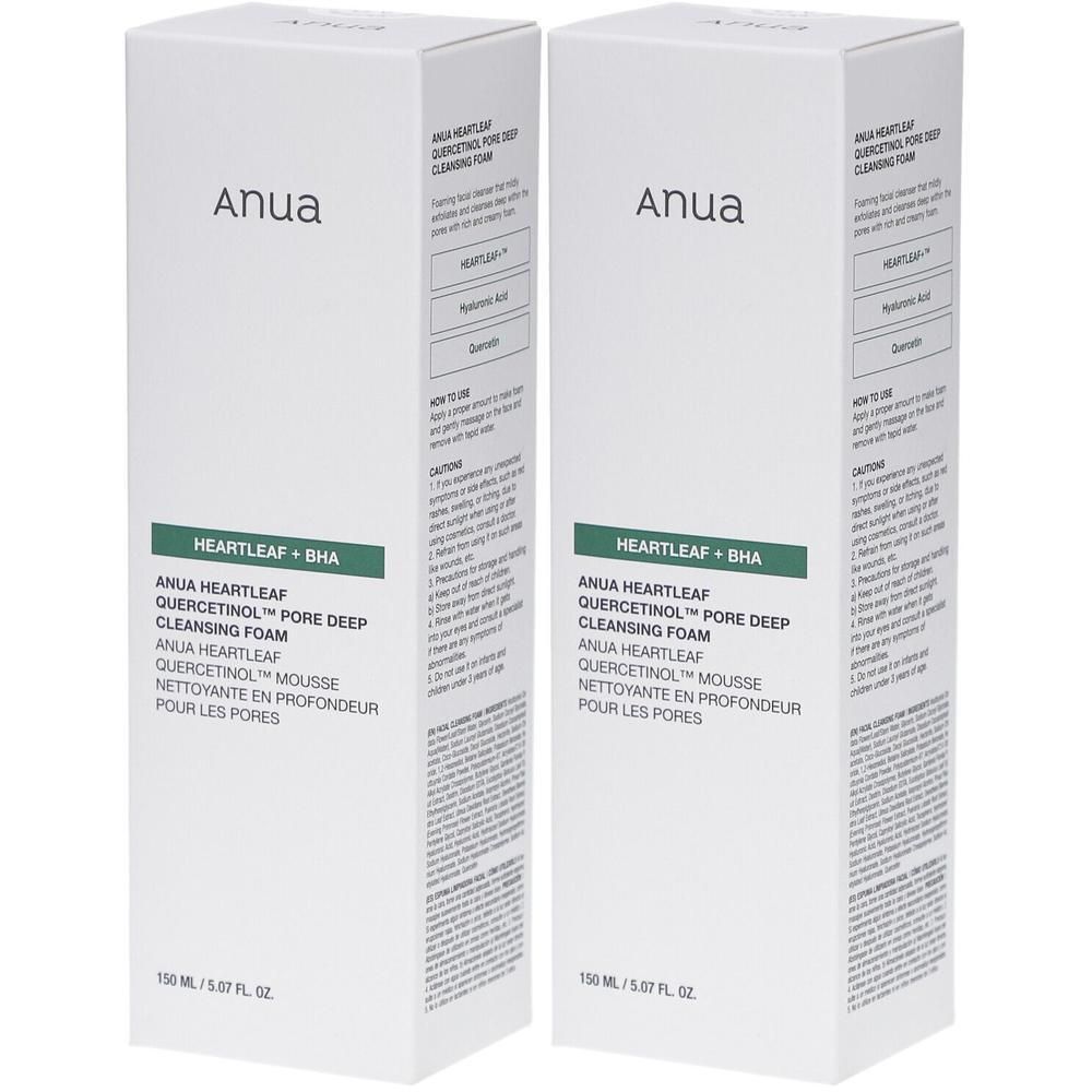 Deux boîtes blanches avec informations produit. Inscription: Anua, HEARTLEAF + BHA, QUERCETINOL PORE DEEP CLEANSING FOAM. 150 ml / 5.07 fl. oz.