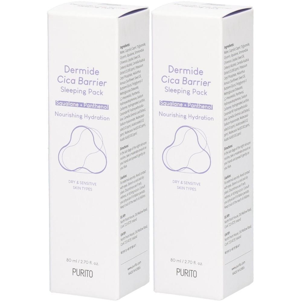 Deux boîtes blanches avec informations produit. Inscription: Dermide Cica Barrier Sleeping Pack. Marque: PURITO.