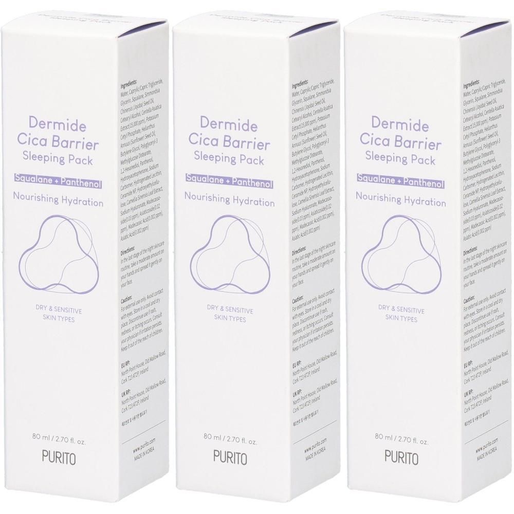 Trois boîtes blanches avec informations produit. Inscription: Dermide Cica Barrier Sleeping Pack. Marque: PURITO. Pour peaux sèches et sensibles.