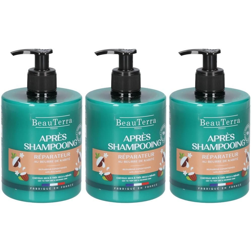 Trois flacons verts avec pompe noire. Chaque flacon porte les inscriptions "BeauTerra" et "APRÈS SHAMPOOING RÉPARATEUR".