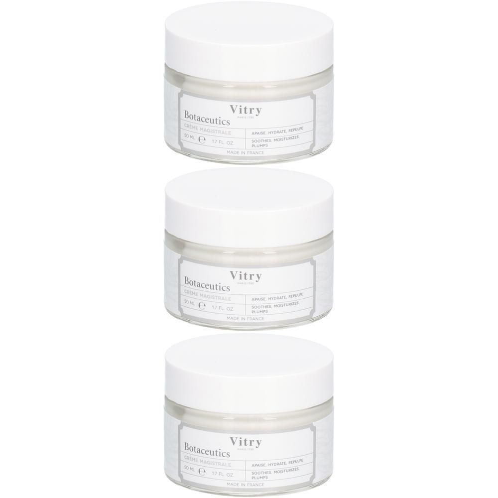 Trois pots de crème avec couvercles blancs. Étiquettes : "Vitry Botaceutics".