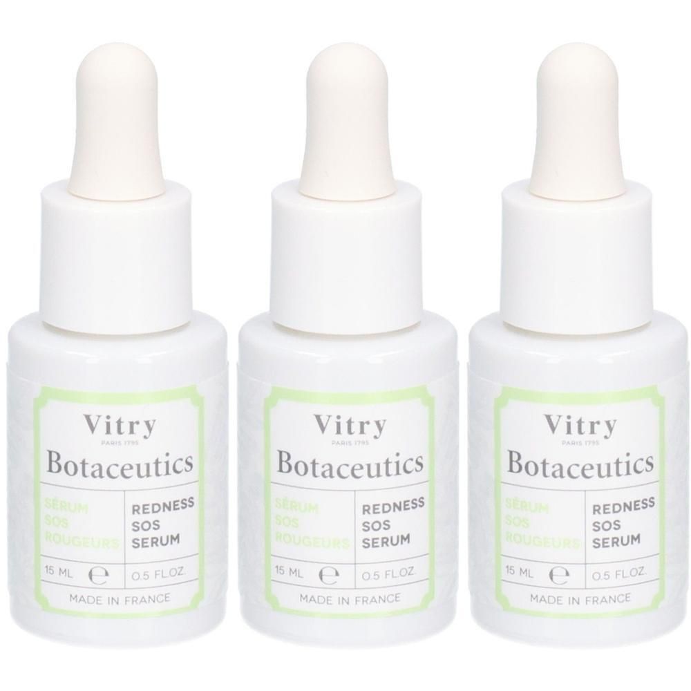 Trois flacons blancs avec compte-gouttes. Chaque flacon porte l'inscription "Vitry Botaceutics REDNESS SOS SERUM".