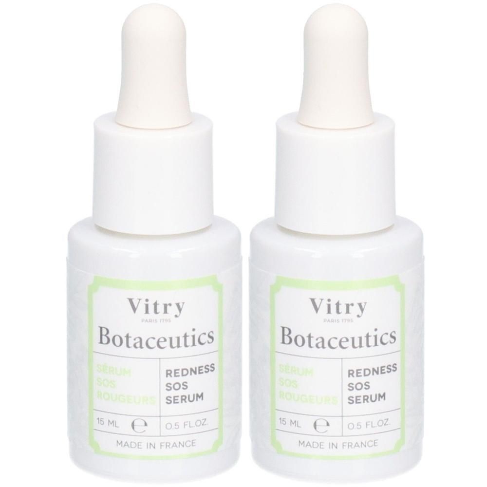 Deux flacons blancs avec applicateur. Étiquettes : "Vitry Botaceutics Redness SOS Serum". Contenance 15 ml.