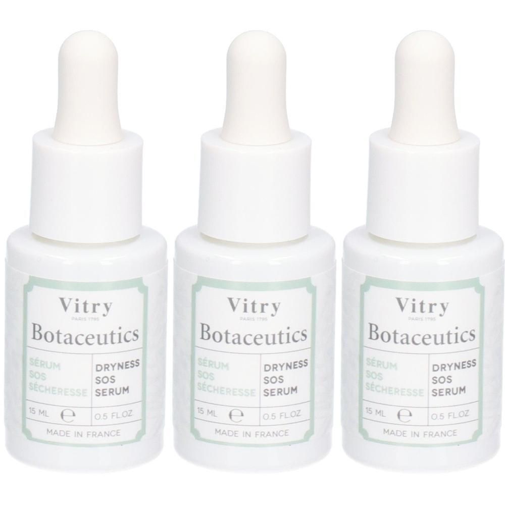 Trois flacons blancs avec compte-gouttes. Chaque flacon porte l'inscription "Vitry Botaceutics DRYNESS SOS SERUM".