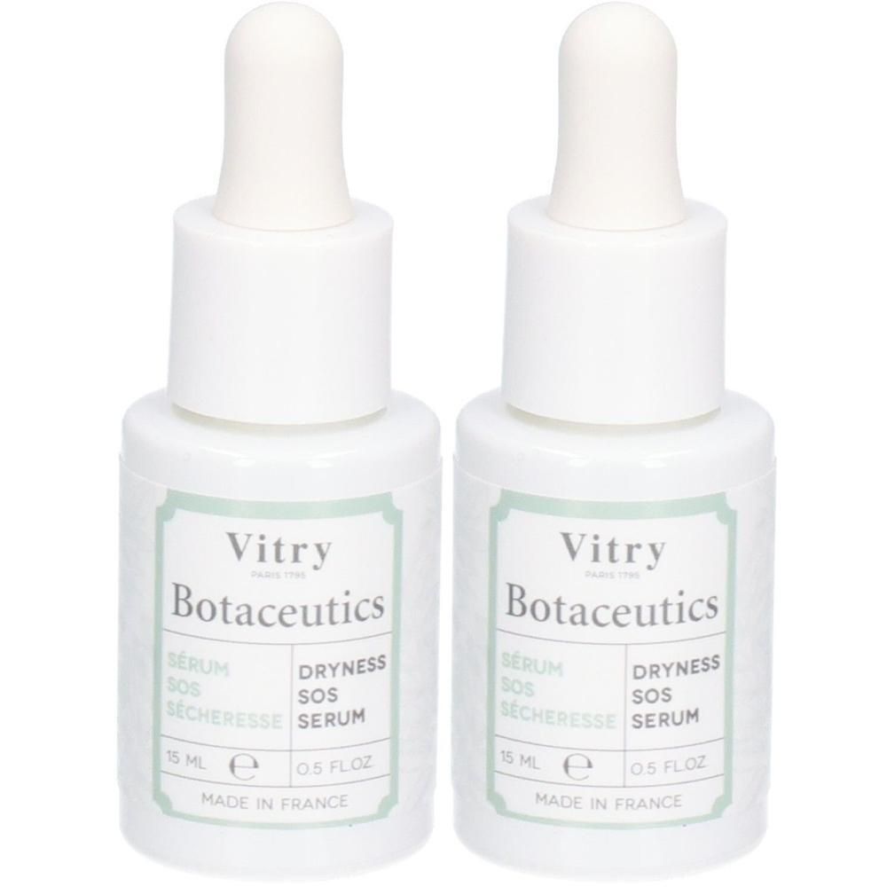 Deux flacons blancs avec compte-gouttes. Inscription : Vitry Botaceutics, DRYNESS SOS SERUM, 15 ml, 0.5 FL.OZ. Fabriqué en France.