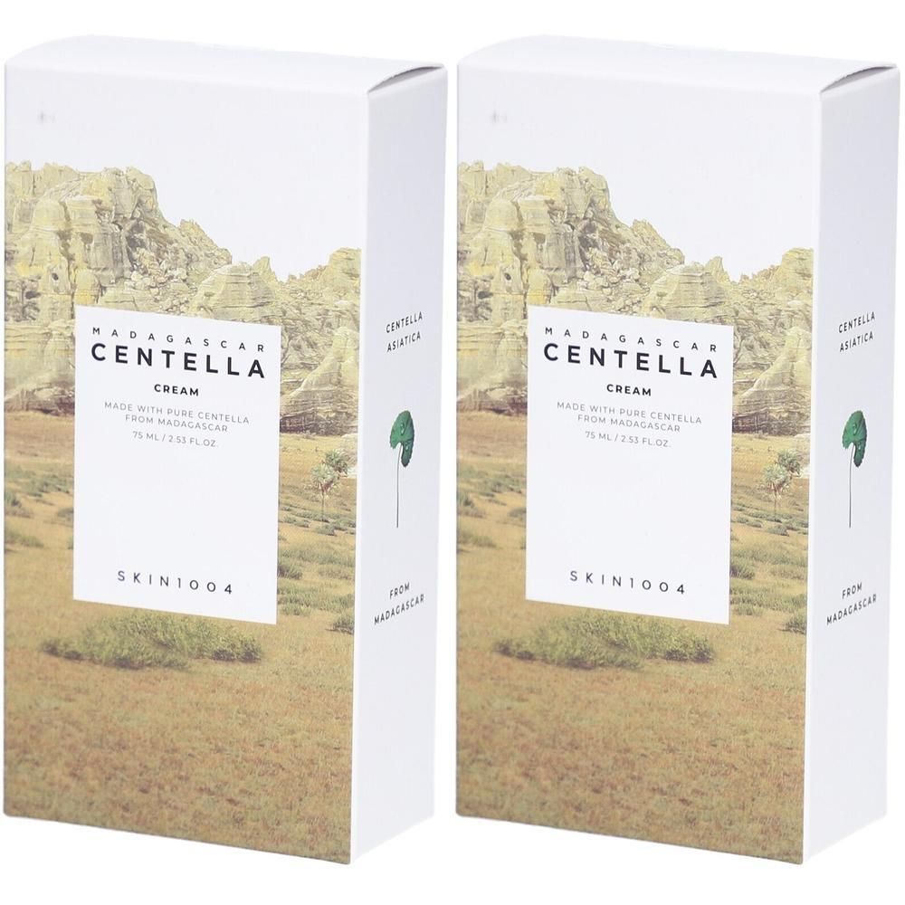 Deux boîtes blanches. Sur le devant, "MADAGASCAR CENTELLA CREAM" et "SKIN1004". Paysage en arrière-plan.