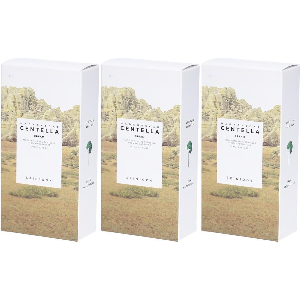 Trois boîtes blanches avec paysage. Sur le devant, "CENTELLA CREAM" et le nom de la marque SKIN1004 sont visibles.